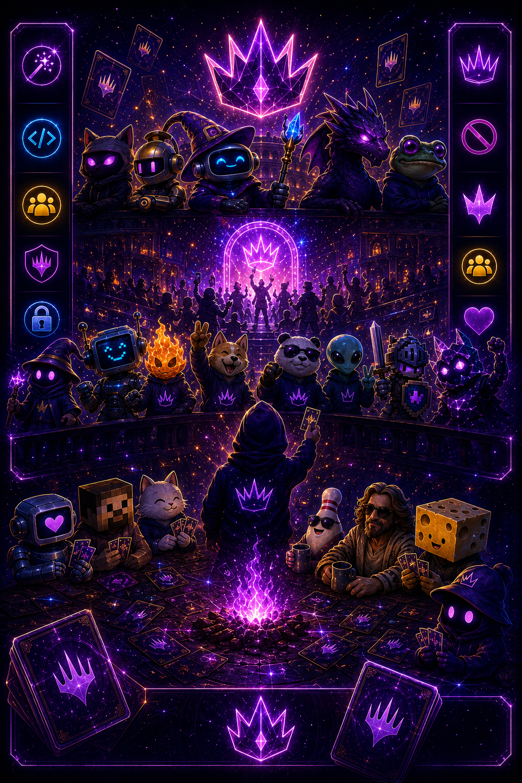 Glitzy neon JANKDB splash art celebrating a free no-ad Magic community.